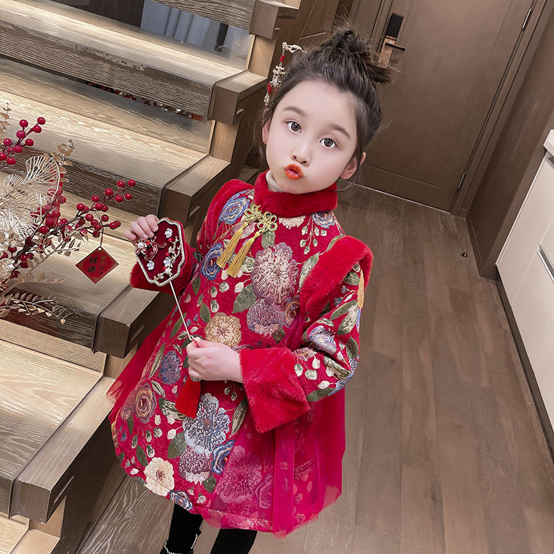 New Year's Eve Clothes Girls Hanfu Autumn and Winter 2024 New Year Clothes Baby Tang Suit Cheongsam Children's Chinese Festive New Year Clothes