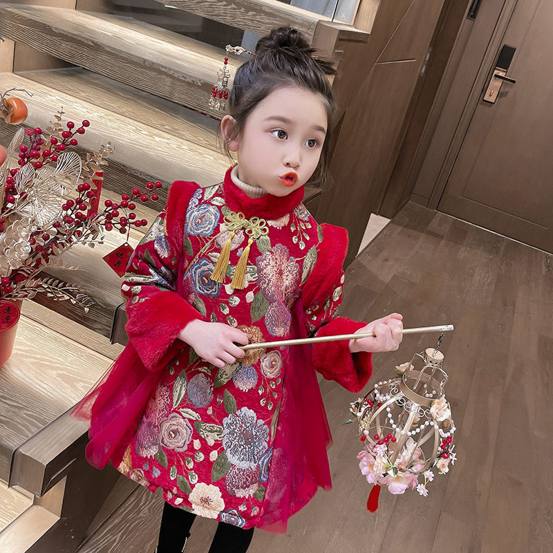 New Year's Eve Clothes Girls Hanfu Autumn and Winter 2024 New Year Clothes Baby Tang Suit Cheongsam Children's Chinese Festive New Year Clothes