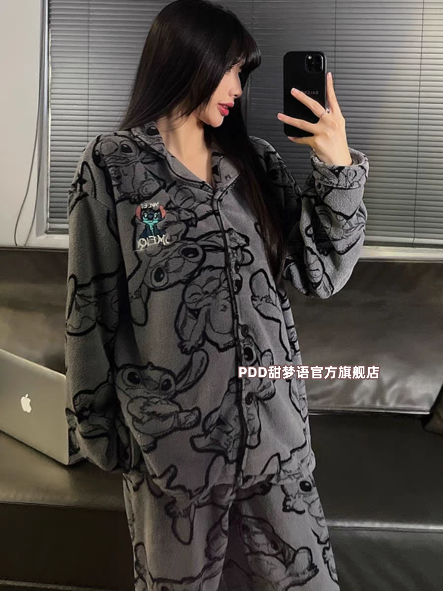 Cartoon Stitch pajamas for women in autumn and winter thickened flannel coral velvet warm and wearable home clothes suit winter