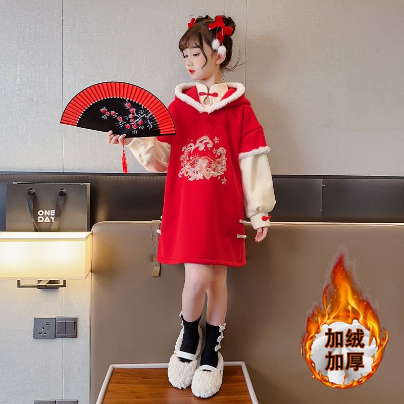 女童漢服連衣裙冬款兒童唐裝加絨拜年服過年新年衣服冬季旗袍裙子
