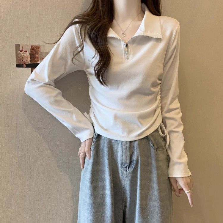 大碼女裝秋冬季修身顯瘦polo領高級感長袖T恤打底衫胖mm正肩上衣