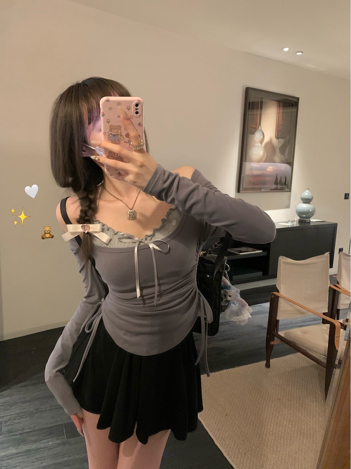 純欲方領褶皺系帶長袖t恤女秋冬不規則辣妹修身短款上衣兩件套潮