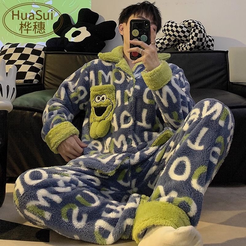 男士睡衣珊瑚絨秋冬季加絨加厚保暖青少年長袖卡通家居服開衫套裝