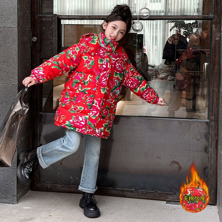 Girls red Chinese style new winter new Northeast large flower cotton-padded jacket thickened children's warm cotton clothing cotton liner