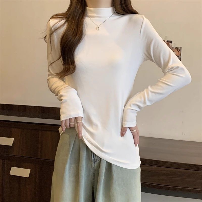 白色打底衫女時尚洋氣2024秋冬新款長袖t恤內搭立領爆款保暖上衣