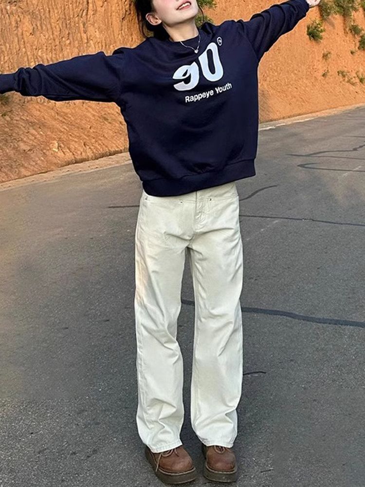 沙白色闊腿牛仔褲女冬季新款梨形身材高腰寬鬆顯瘦窄版直筒褲子潮