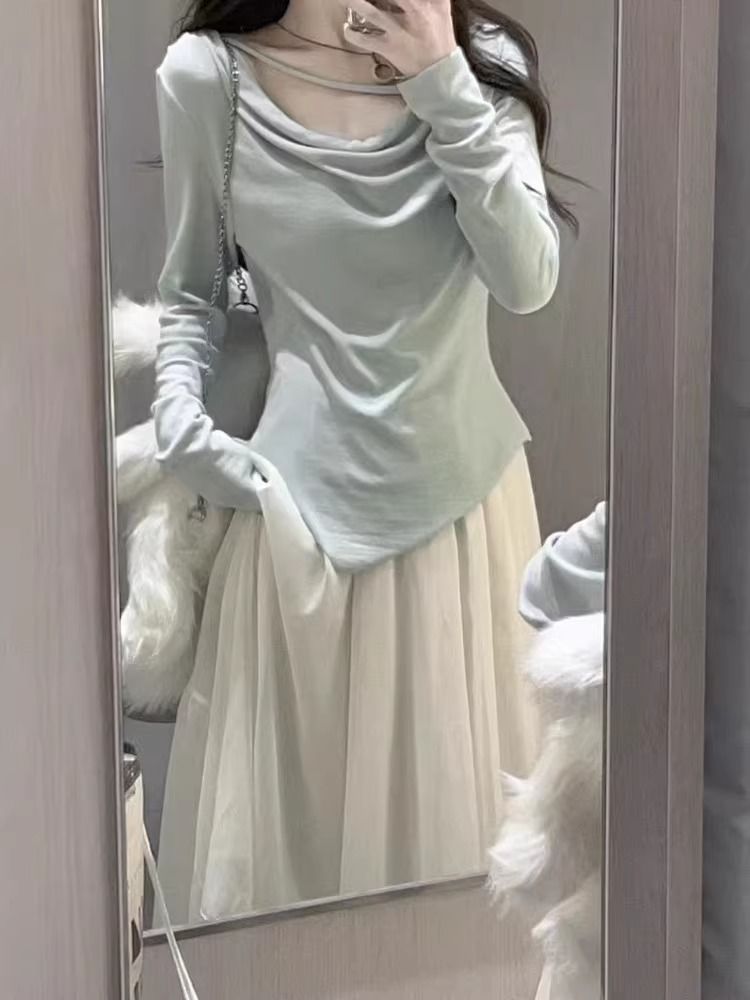 秋冬設計感溫柔甜辣遮肚修身顯瘦白一字正肩t恤女長袖上衣不規則