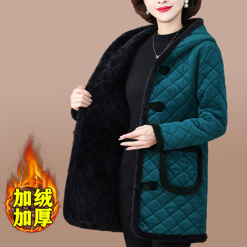 Mother's corduroy cotton coat middle-aged women's thickened velvet mid-length cotton jacket middle-aged and elderly winter warm cotton coat