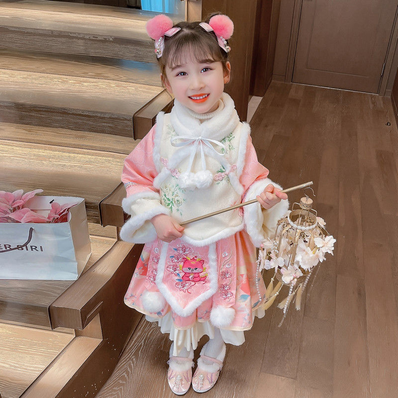 女童洋氣加絨超仙漢服連衣裙拜年服女寶寶新年裝龍年冬裝唐裝國潮