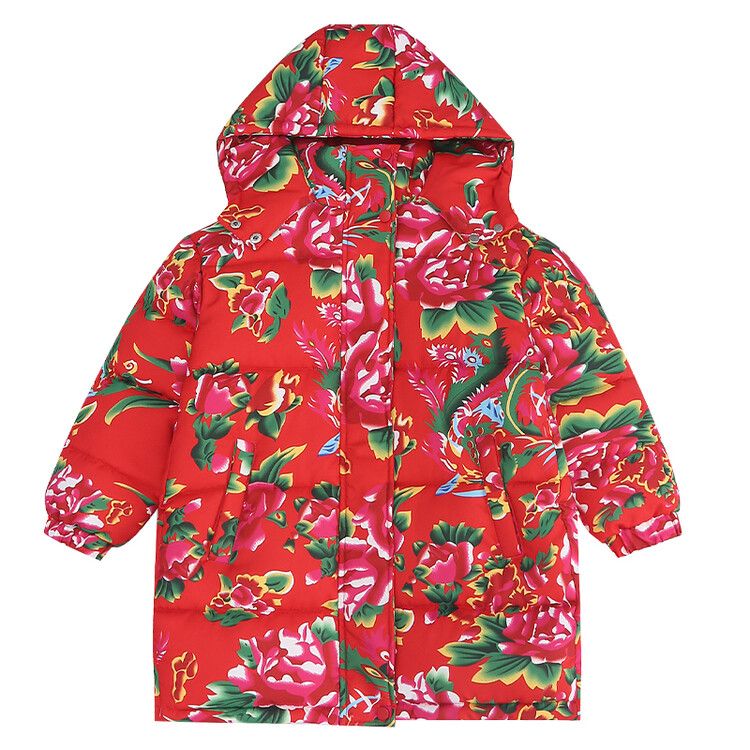 Girls red Chinese style new winter new Northeast large flower cotton-padded jacket thickened children's warm cotton clothing cotton liner