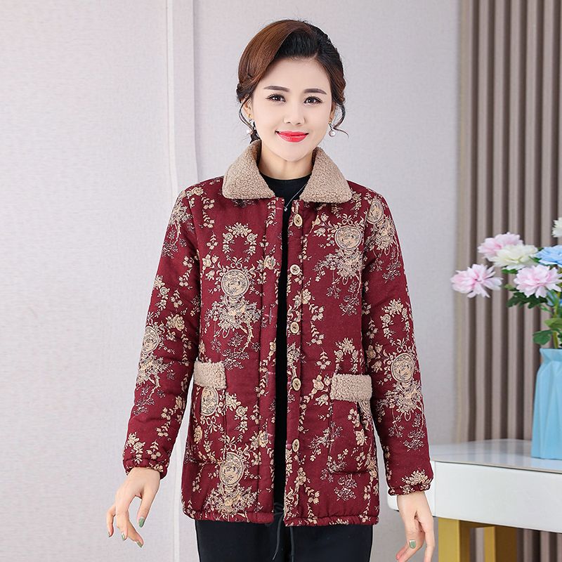 Mom's winter velvet middle-aged and elderly thickened lapel cotton-padded jacket warm cotton-padded jacket floral floral western style new cotton jacket