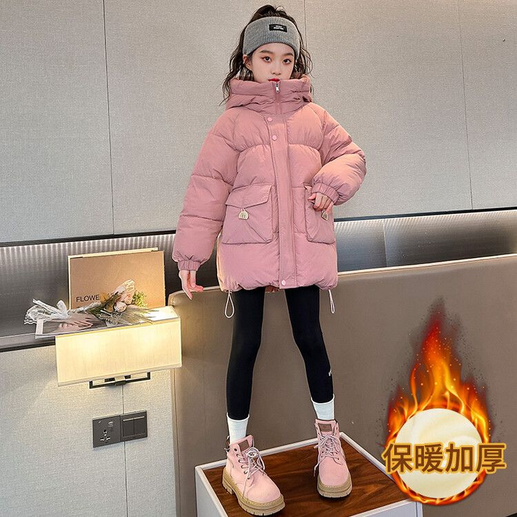 Girls' down jacket winter new style  quilted and velvet coat girls pink hooded new thickened coat