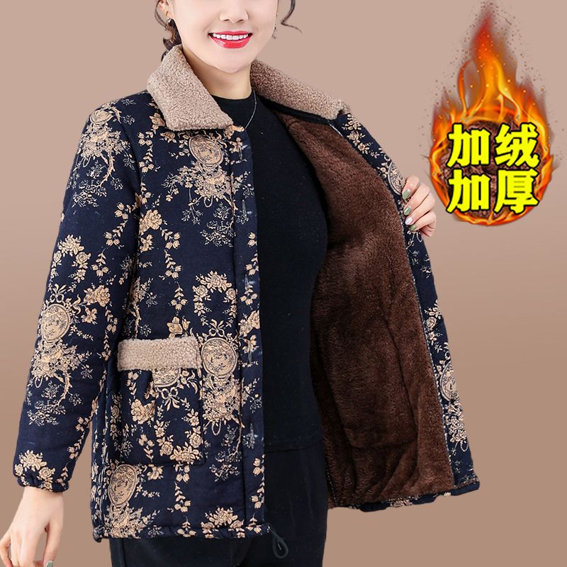 Mom's winter velvet middle-aged and elderly thickened lapel cotton-padded jacket warm cotton-padded jacket floral floral western style new cotton jacket