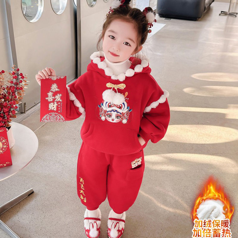 女童中國風漢服套裝冬季2023新款小女孩加絨加厚冬款毛球年服套裝