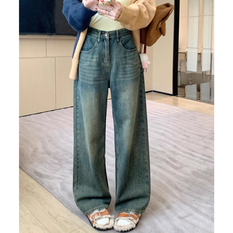 復古做舊牛仔褲女小個子高腰顯瘦垂感直筒褲子寬鬆闊腿拖地長褲潮