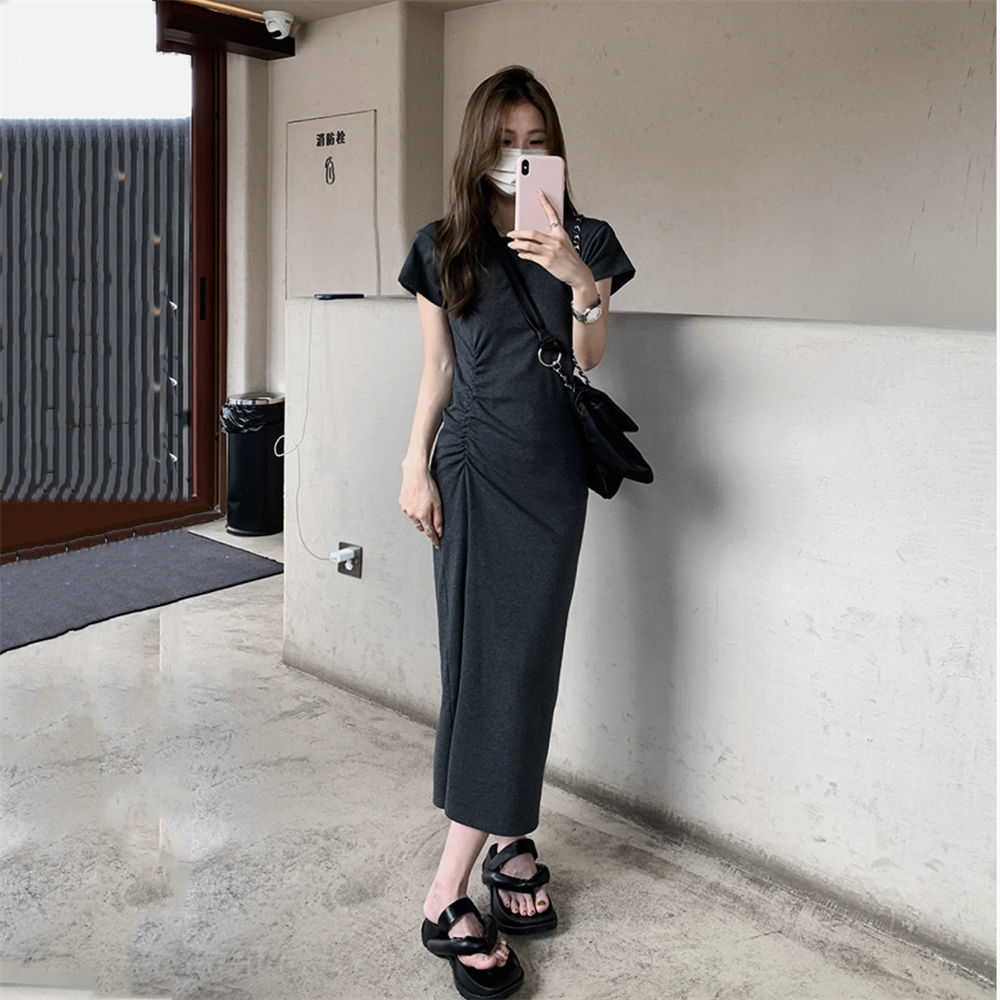 Little Hot Girl Hip-covering Dress Women's  Summer New Style Waist Slimming Pleated Over-the-Knee T-shirt Long Skirt