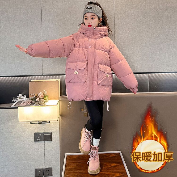 Girls' down jacket winter new style  quilted and velvet coat girls pink hooded new thickened coat