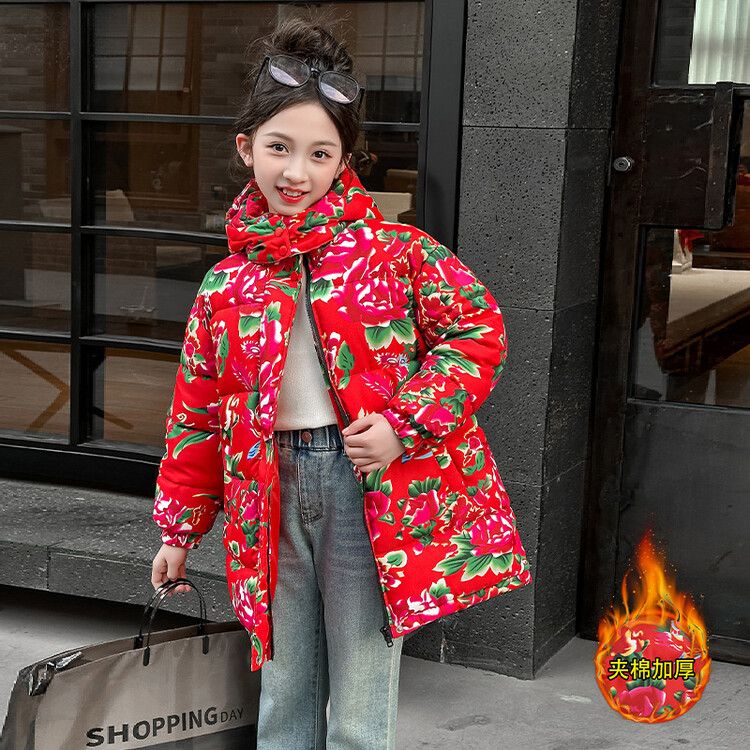 Girls red Chinese style new winter new Northeast large flower cotton-padded jacket thickened children's warm cotton clothing cotton liner