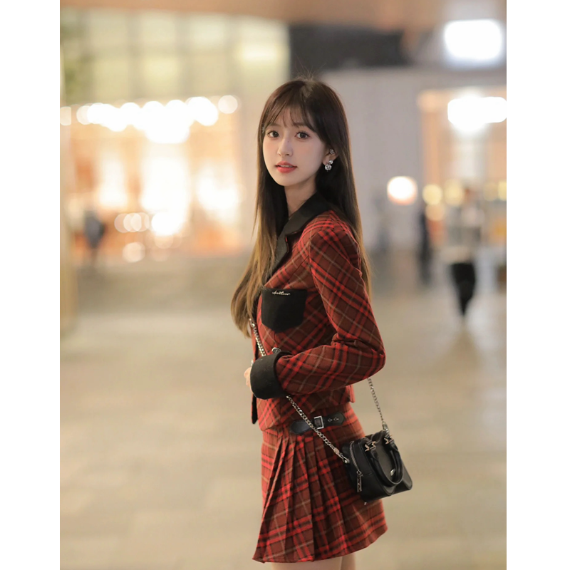 套裝女2023秋冬新款復古收腰紅色格紋短款西裝外套高腰百褶半身裙