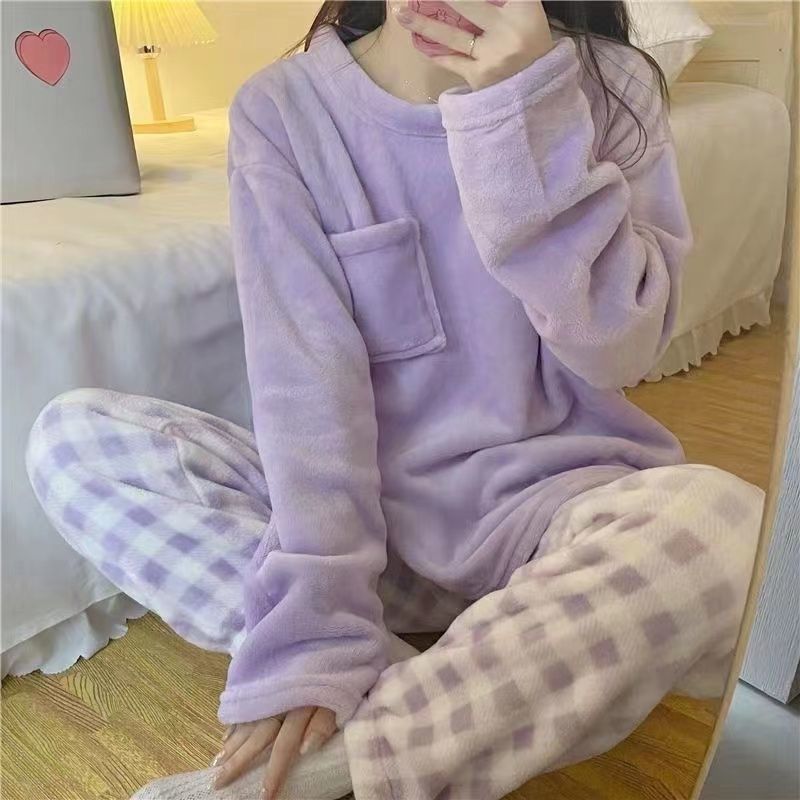 Pajamas for women in autumn and winter plus velvet and thickened coral velvet to keep warm ins cute student flannel home clothes suit winter