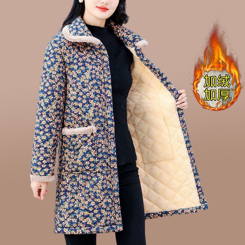 New mother's clothing winter plus velvet warm medium-length flower cotton jacket middle-aged and elderly women's loose age-reducing cotton coat jacket women