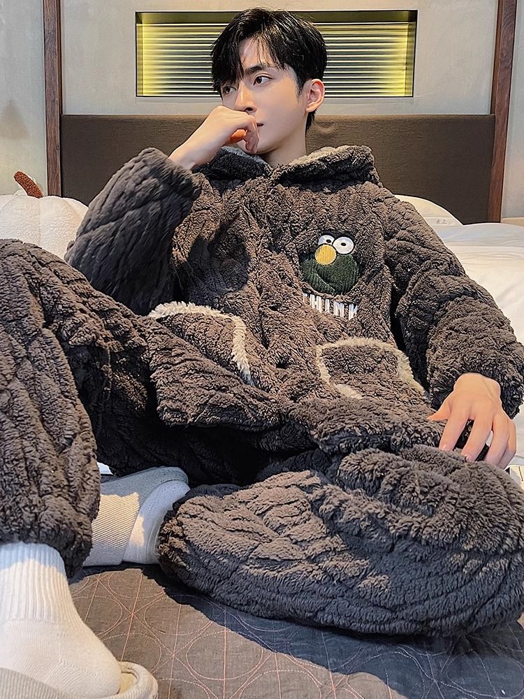 珊瑚絨睡衣男士秋冬季三層夾棉連帽加絨加厚法蘭絨保暖家居服套裝