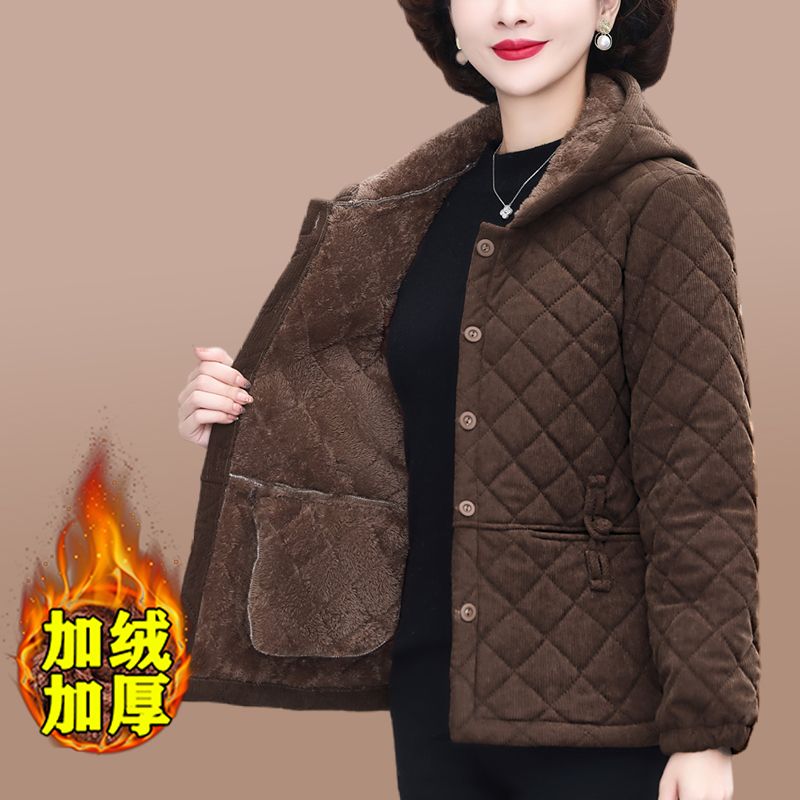 Mother's clothing, autumn and winter clothing, velvet cotton jacket, women's hooded cotton clothing, new style, middle-aged and elderly women's winter cotton clothing, women