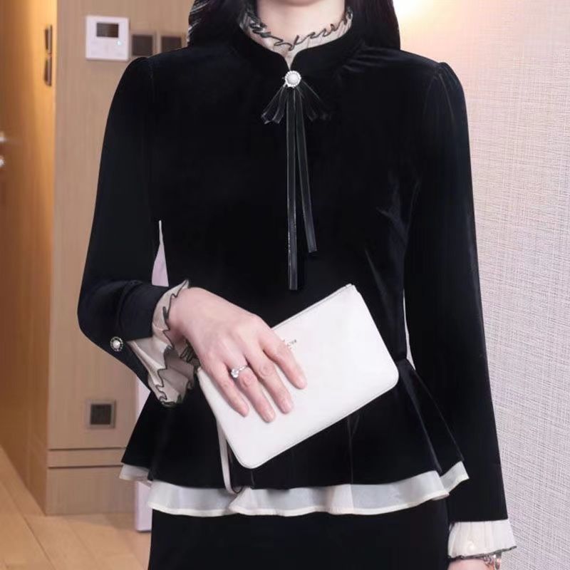 高檔長袖女士T恤2024春季新款時尚洋氣網紅百搭媽媽裝高領上衣女