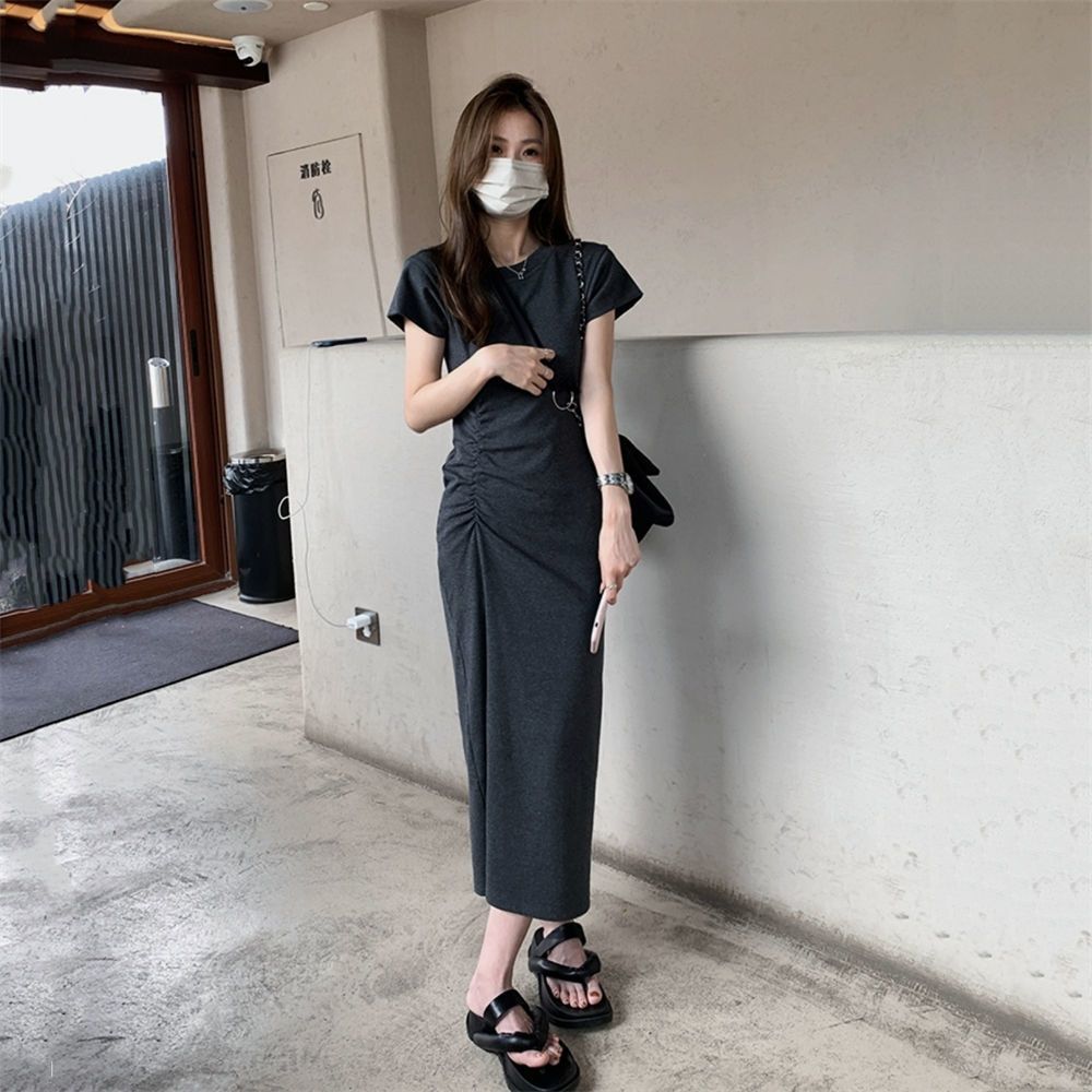 Little Hot Girl Hip-covering Dress Women's  Summer New Style Waist Slimming Pleated Over-the-Knee T-shirt Long Skirt