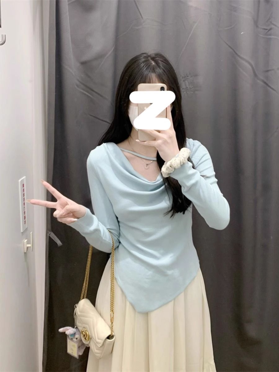 藍色不規則保暖打底女秋冬季修身短款內搭T恤設計感小眾長袖上衣