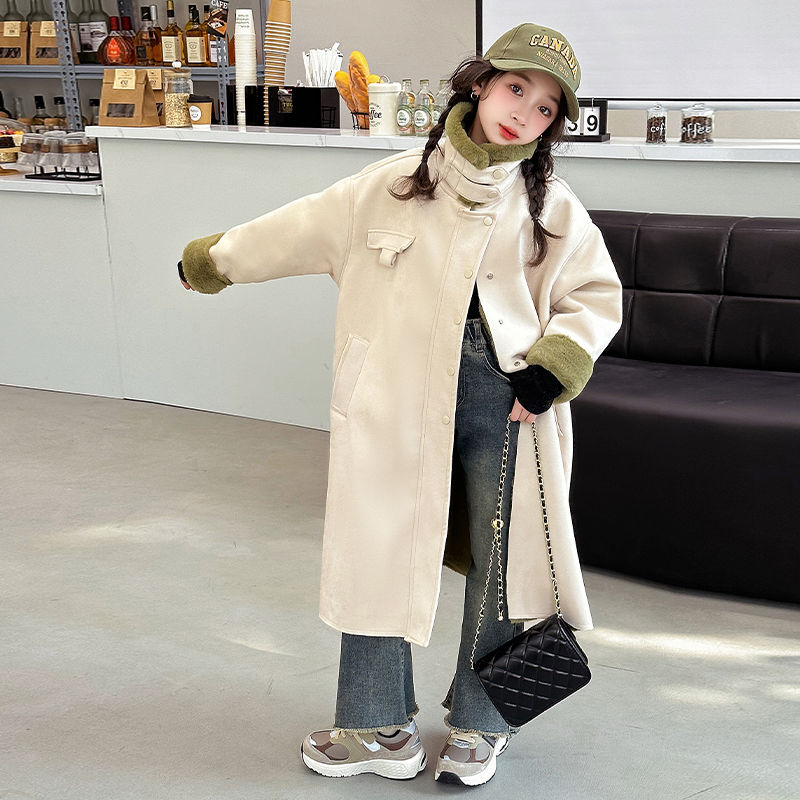 女童麂皮绒大衣加厚2023新款儿童仿皮草外套长款韩版皮绒一体冬装