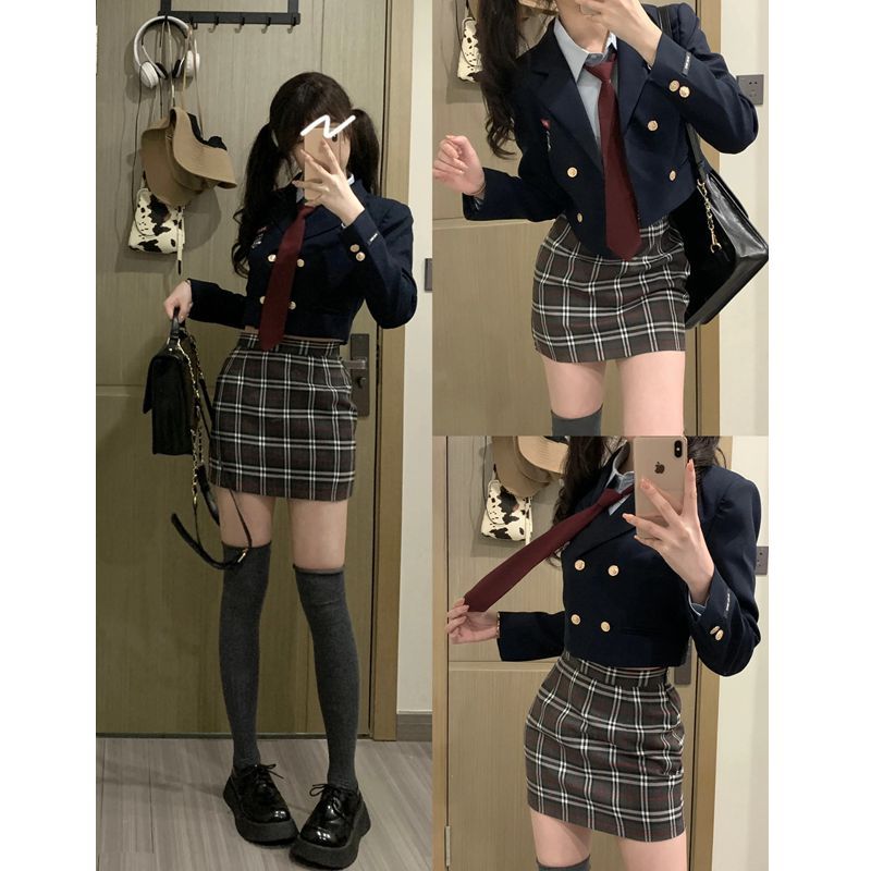 套裝女2023秋冬新款韓系學院風短款西裝外套襯衫高腰格紋包臀短裙