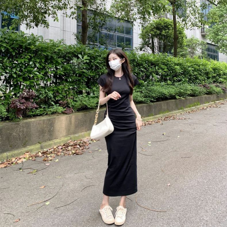 Small over-the-knee inner-layer long skirt with waist, pleated temperament, slimming straight casual T-shirt dress for women in autumn