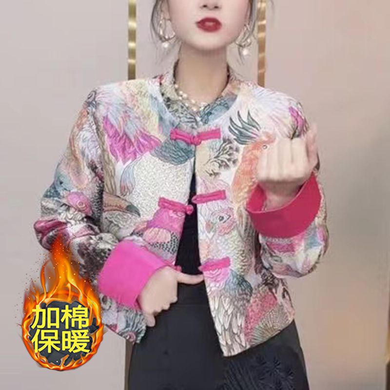 National trend Chinese style button coat for women 2023 autumn and winter new niche design short stand-up collar cardigan trend