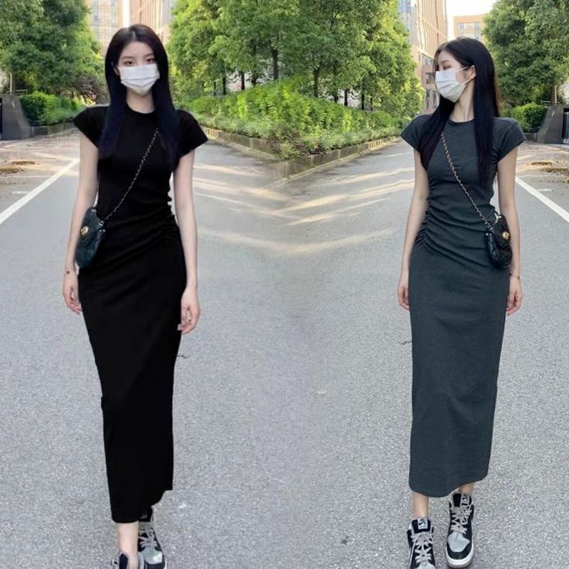 Small over-the-knee inner-layer long skirt with waist, pleated temperament, slimming straight casual T-shirt dress for women in autumn