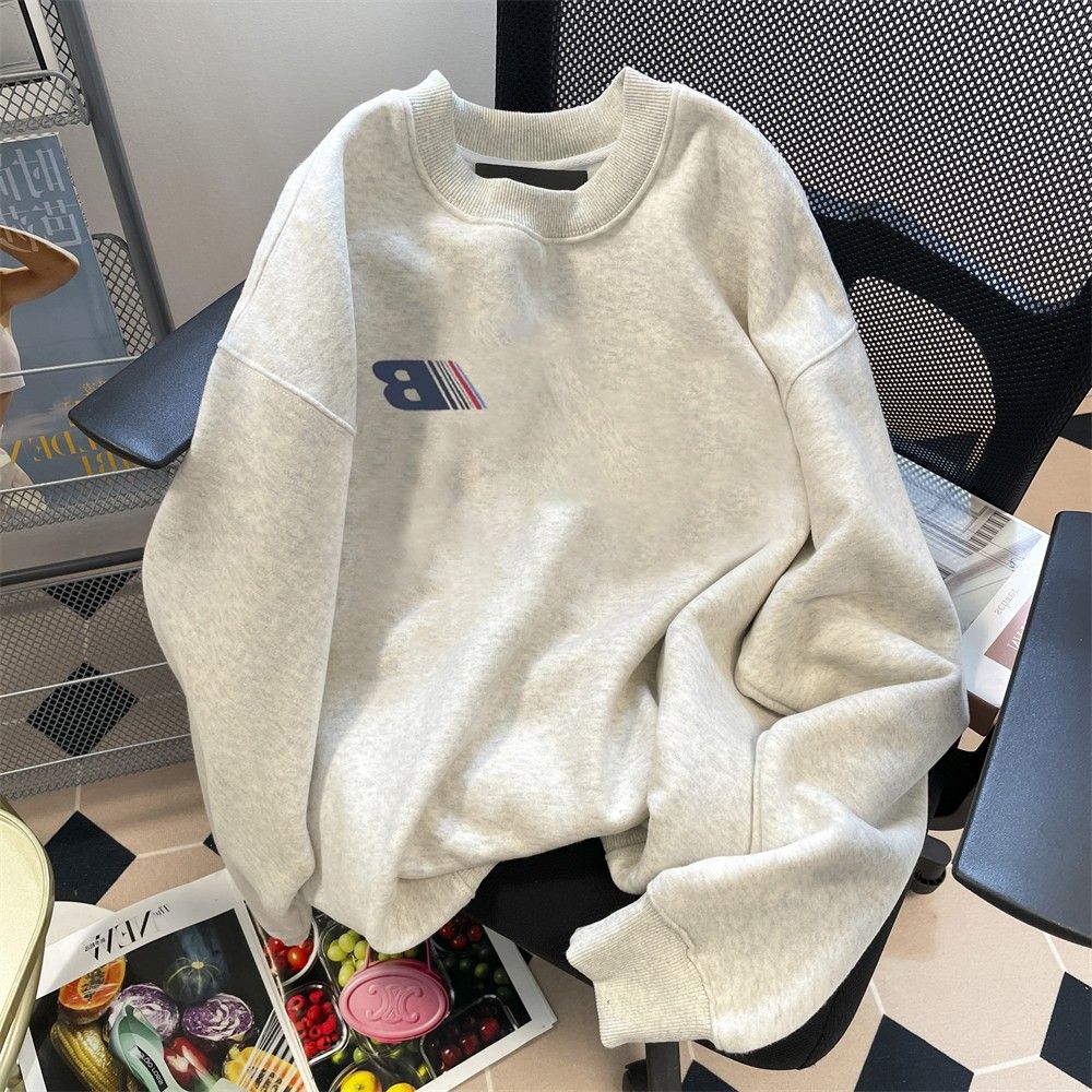 重磅純棉銀狐絨美式高街簡約無帽衛衣男女秋冬寬鬆慵懶風圓領上衣