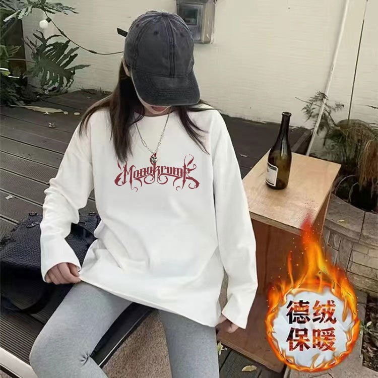 加厚雙面德絨圓領白色打底衫女加絨2024春秋磨毛內搭印花寬鬆潮