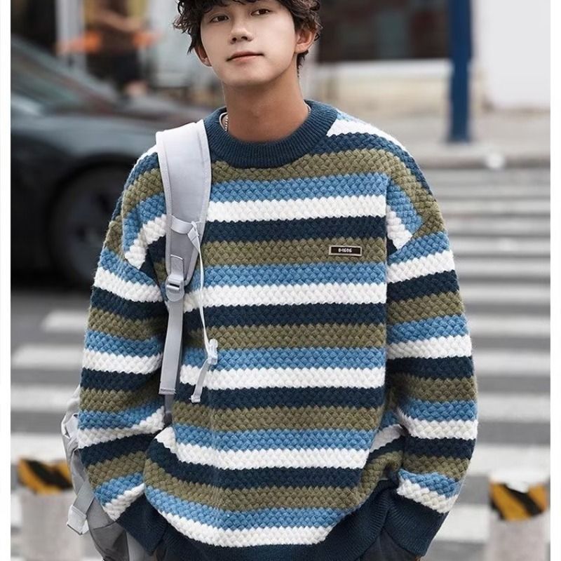 Striped crew neck sweater men's winter thickened loose pullover lazy Japanese couple knitted sweater jacket