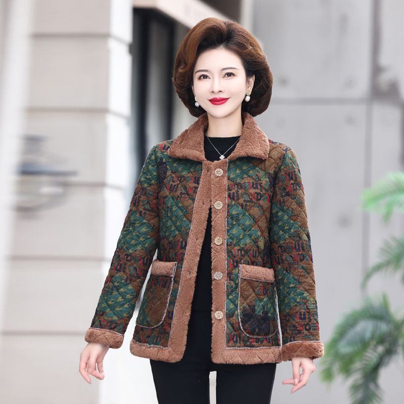 Middle-aged and elderly women's winter cotton-padded clothes plus velvet and thickening mom's clothes winter cotton-padded jackets warm and fashionable small cotton-padded jackets