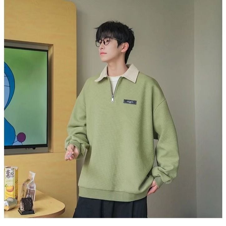 polo衫衛衣男春秋季日系復古撞色翻領上衣重磅學院風休閒寬鬆長袖