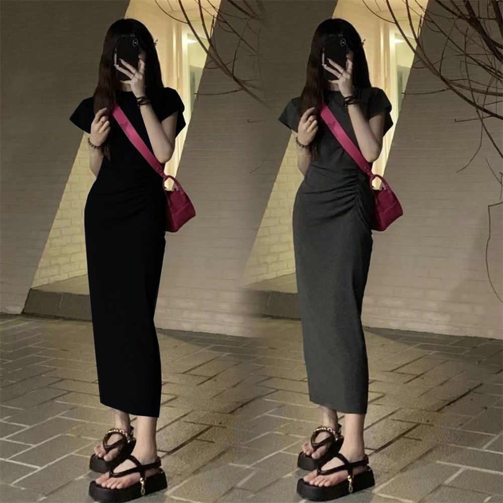 Hot girl waist slimming niche dress women summer new French style high-end temperament bottoming mid-length skirt