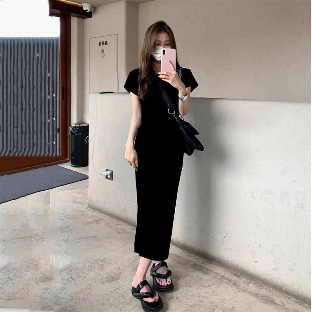 Little Hot Girl Hip-covering Dress Women's  Summer New Style Waist Slimming Pleated Over-the-Knee T-shirt Long Skirt