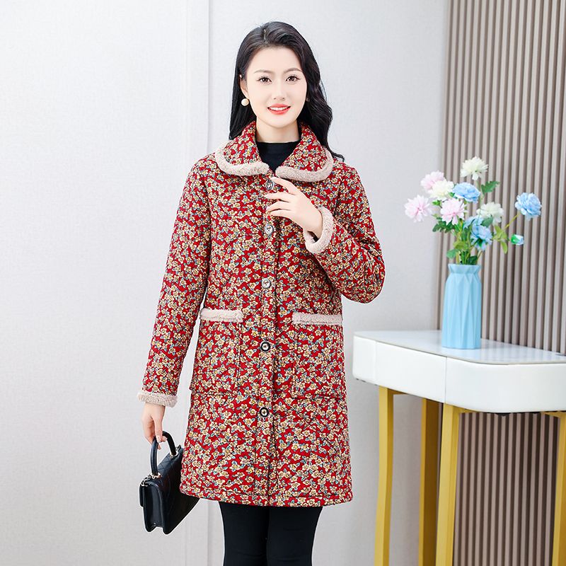 New mother's clothing winter plus velvet warm medium-length flower cotton jacket middle-aged and elderly women's loose age-reducing cotton coat jacket women