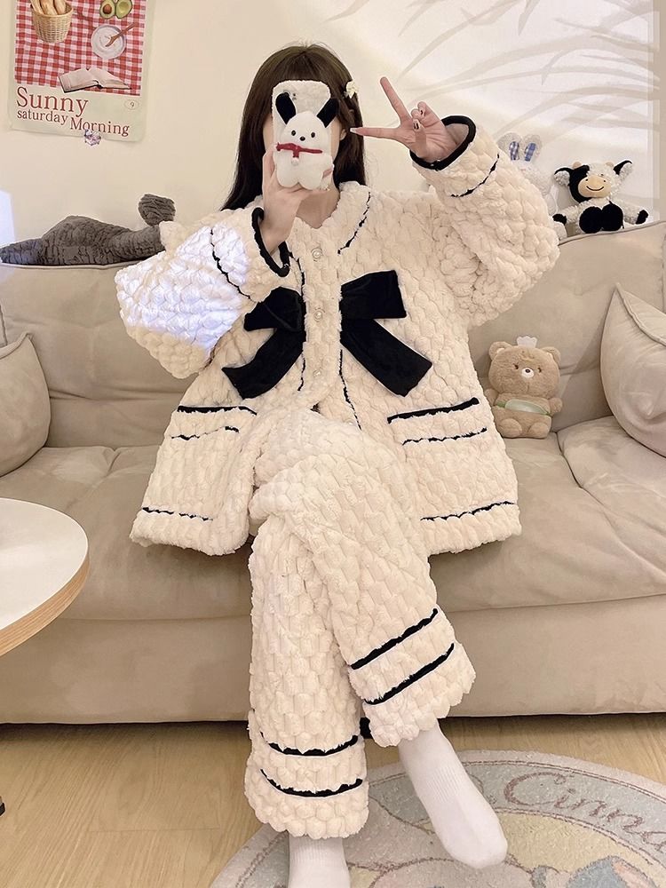 三層夾棉睡衣女款秋冬季2023新款甜美小香風珊瑚絨保暖家居服套裝