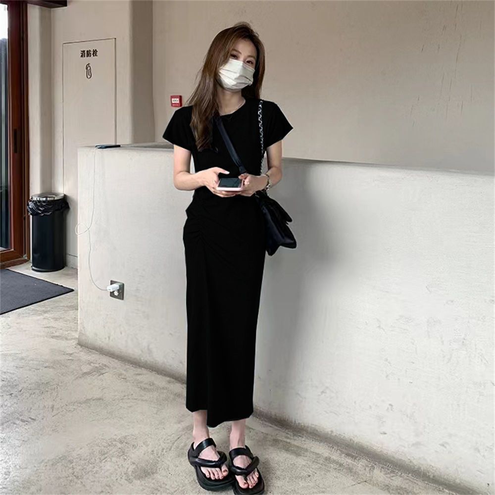 Little Hot Girl Hip-covering Dress Women's  Summer New Style Waist Slimming Pleated Over-the-Knee T-shirt Long Skirt