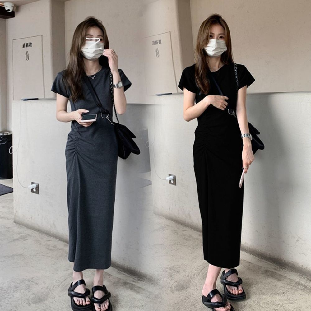 Little Hot Girl Hip-covering Dress Women's  Summer New Style Waist Slimming Pleated Over-the-Knee T-shirt Long Skirt