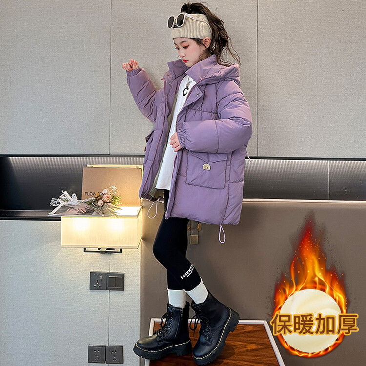 Girls' down jacket winter new style  quilted and velvet coat girls pink hooded new thickened coat