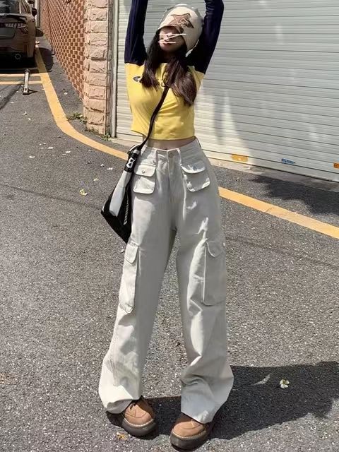 美式復古多口工裝褲女秋冬新款高腰寬鬆顯瘦直筒闊腿休閒褲潮ins