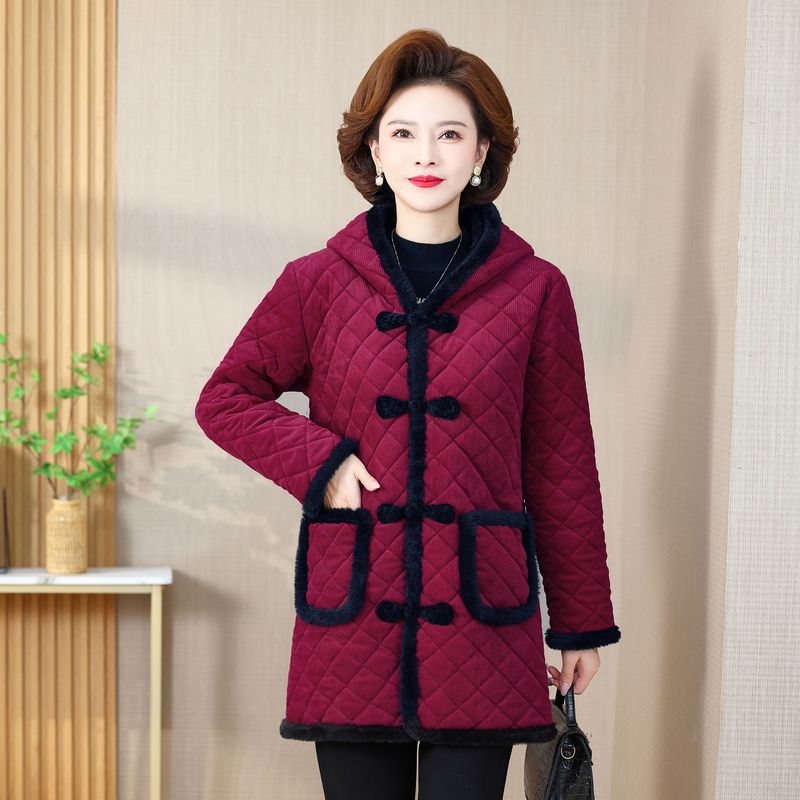 Mother's corduroy cotton coat middle-aged women's thickened velvet mid-length cotton jacket middle-aged and elderly winter warm cotton coat