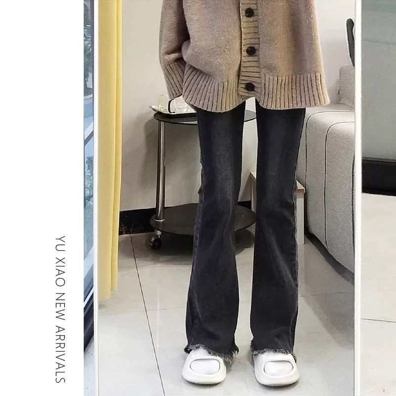 高腰彈力微喇牛仔褲女秋冬小個子梨形身材修身顯瘦毛邊直筒喇叭褲